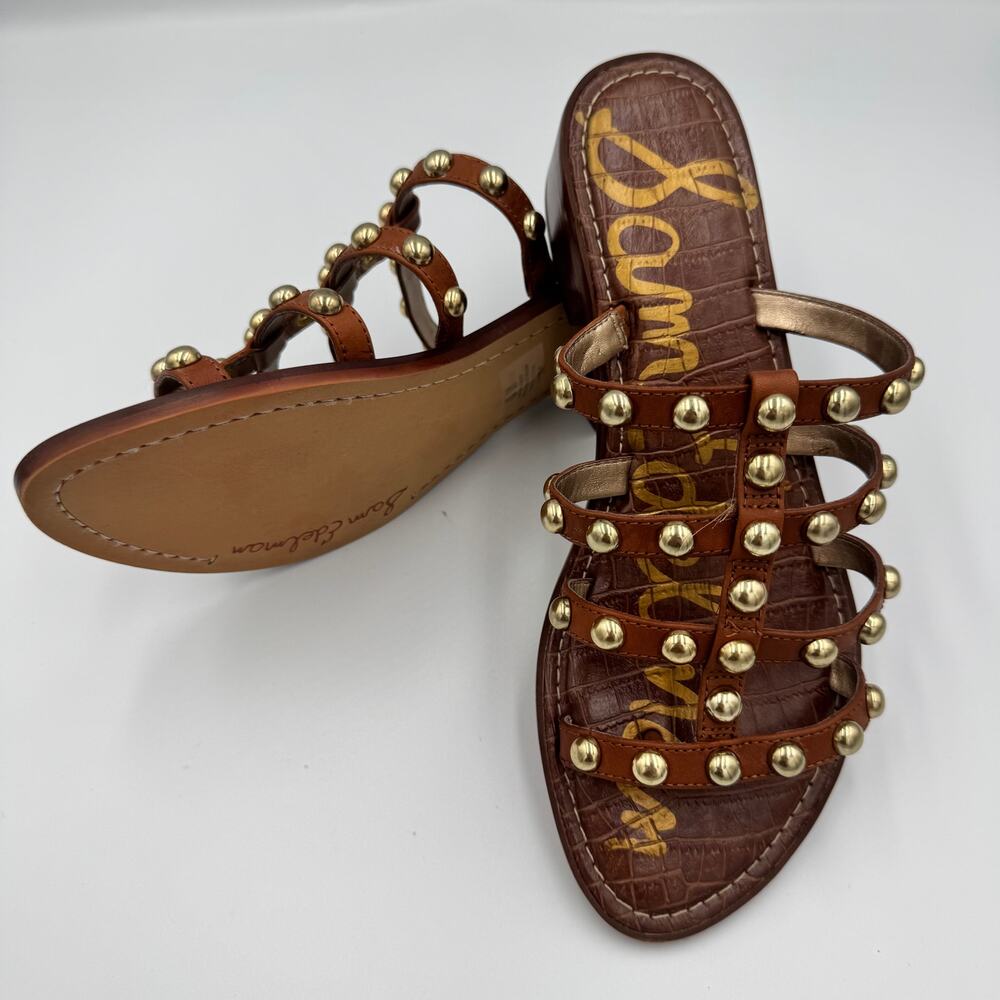 Sam Edelman Juniper Studded Gladiator Slide Sandal Brown Leather Gold 8.5 38.5 - Picture 4 of 15